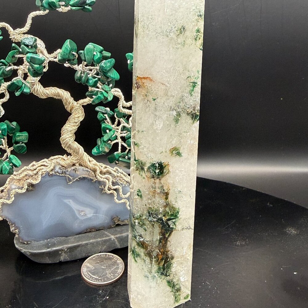 Quartz with Emerald Green Fuchsite Mica Inclusions Point Tower 7" Tall